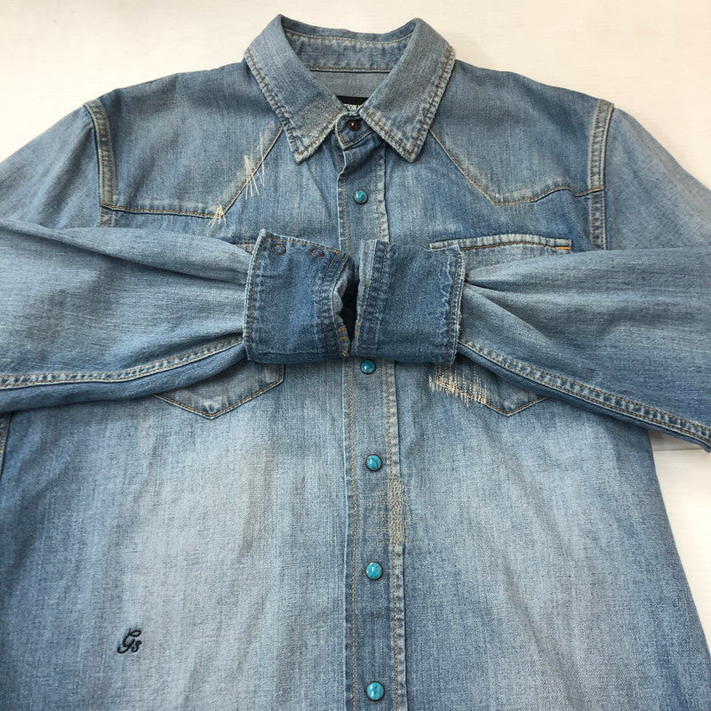 【中古品】【メンズ】 GOD SELECTION XXX ゴッドセレクション トリプルエックス L/S DAMAGE DENIM WESTERN SHIRT GX-A20-SH-03 ロングスリーブ ダメージ デニム ウエスタン シャツ 長袖 トップス 142-250709-yo-16-fuz サイズ：S カラー：ライトインディゴ 万代Net店