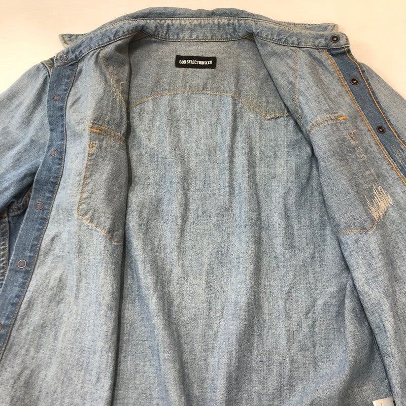 【中古品】【メンズ】 GOD SELECTION XXX ゴッドセレクション トリプルエックス L/S DAMAGE DENIM WESTERN SHIRT GX-A20-SH-03 ロングスリーブ ダメージ デニム ウエスタン シャツ 長袖 トップス 142-250709-yo-16-fuz サイズ：S カラー：ライトインディゴ 万代Net店