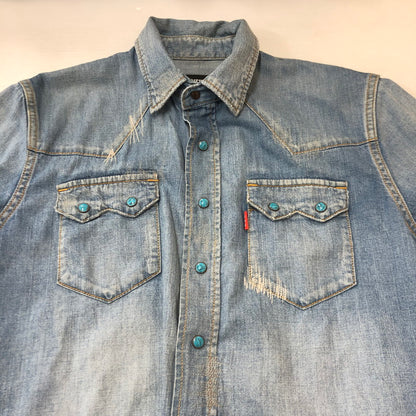 【中古品】【メンズ】 GOD SELECTION XXX ゴッドセレクション トリプルエックス L/S DAMAGE DENIM WESTERN SHIRT GX-A20-SH-03 ロングスリーブ ダメージ デニム ウエスタン シャツ 長袖 トップス 142-250709-yo-16-fuz サイズ：S カラー：ライトインディゴ 万代Net店