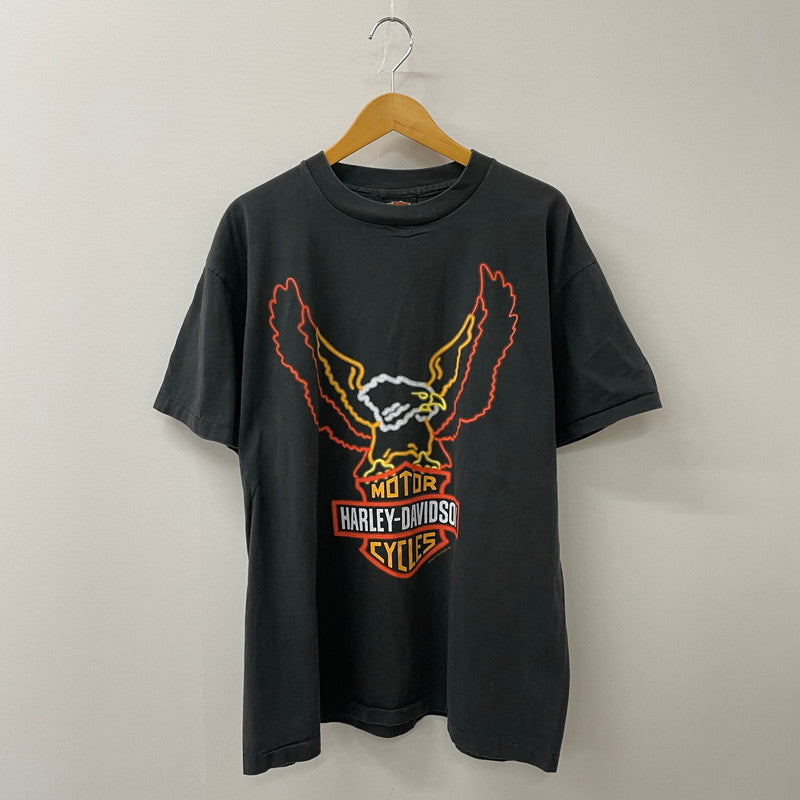 【中古品】【メンズ】 HARLEY DAVIDSON ハーレーダビッドソン 90's NEON PRINT LOGO T-SHIRT 90年代 ネオン プリント ロゴ Tシャツ 半袖 トップス シングルステッチ 145-250717-yo-36-fuz サイズ：XL カラー：ブラック 万代Net店