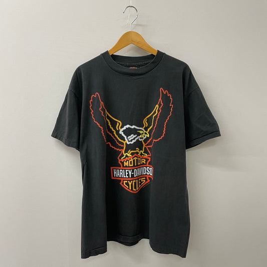【中古品】【メンズ】 HARLEY DAVIDSON ハーレーダビッドソン 90's NEON PRINT LOGO T-SHIRT 90年代 ネオン プリント ロゴ Tシャツ 半袖 トップス シングルステッチ 145-250717-yo-36-fuz サイズ：XL カラー：ブラック 万代Net店