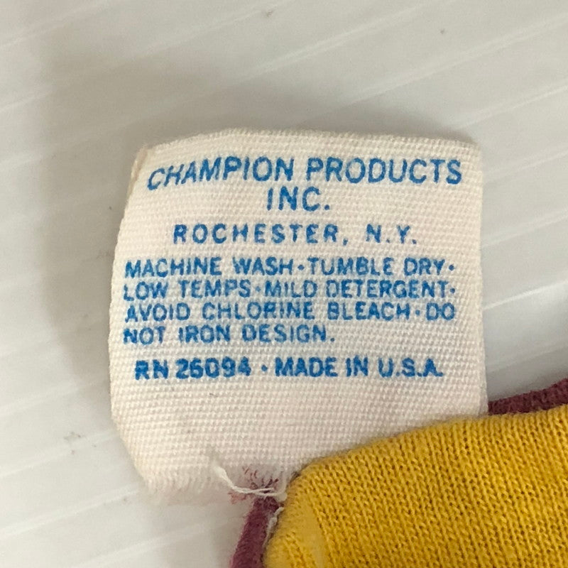 【現状渡し品】【メンズ】 Champion チャンピオン 70’s PICTOGRAM REVERSIBLE S/S TEE VINTAGE 70年代 ピクトグラム リバーシブル ショートスリーブ Tシャツ 半袖 トップス ヴィンテージ 145-250820-KS-17-tei サイズ：M カラー：ボルドー/イエロー 万代Net店