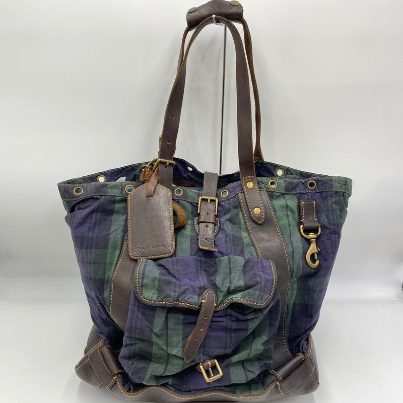 【現状渡し品】【メンズ/レディース】 RALPH LAUREN ラルフローレン BLACK WATCH PATTERN LEATHER TOTEBAG BACKPACK ブラックウォッチ柄 レザートートバッグ カバン リュック 188-250902-ts-09-tei カラー：グリーン 万代Net店