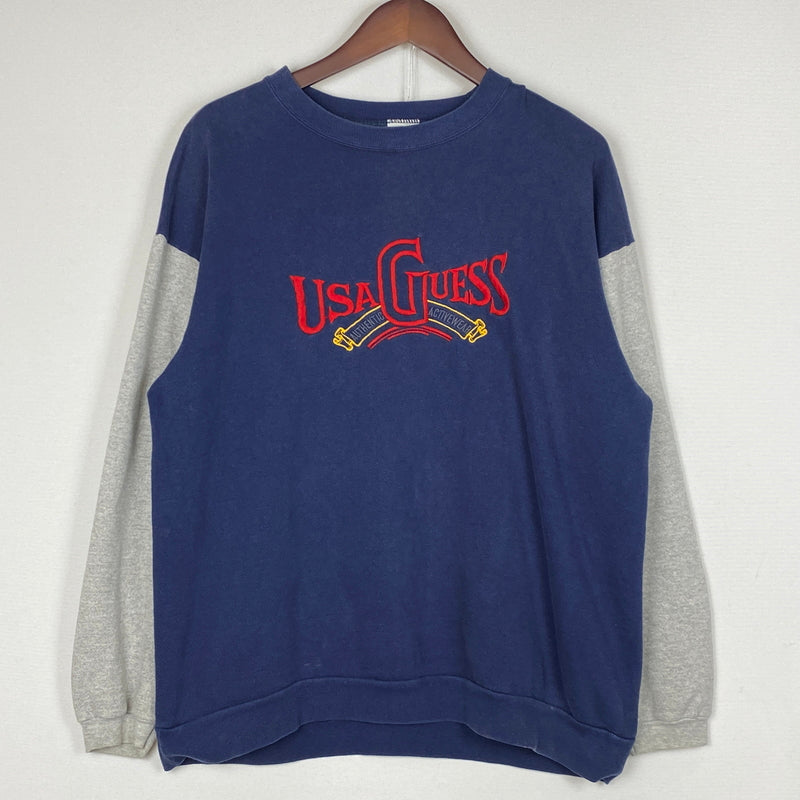 【中古品】【メンズ】 GUESS ゲス 80's VINTAGE COLLARBLOCK SWEAT 80年代 ヴィンテージ 切替スウェット 長袖 トップス USA製 トレーナー 145-260829-sa-03-tei サイズ：ONE カラー：ネイビー 万代Net店