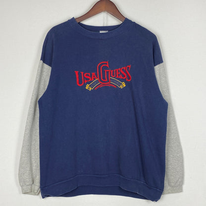 【中古品】【メンズ】 GUESS ゲス 80's VINTAGE COLLARBLOCK SWEAT 80年代 ヴィンテージ 切替スウェット 長袖 トップス USA製 トレーナー 145-260829-sa-03-tei サイズ：ONE カラー：ネイビー 万代Net店