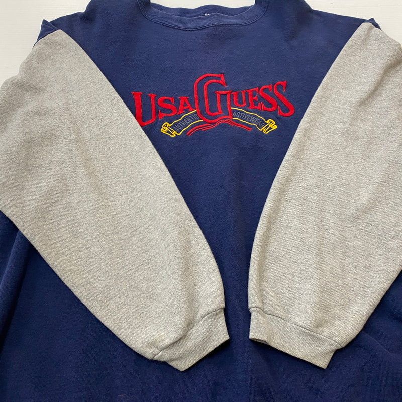 【中古品】【メンズ】 GUESS ゲス 80's VINTAGE COLLARBLOCK SWEAT 80年代 ヴィンテージ 切替スウェット 長袖 トップス USA製 トレーナー 145-260829-sa-03-tei サイズ：ONE カラー：ネイビー 万代Net店
