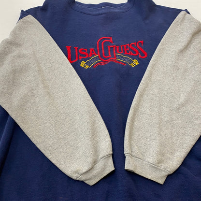【中古品】【メンズ】 GUESS ゲス 80's VINTAGE COLLARBLOCK SWEAT 80年代 ヴィンテージ 切替スウェット 長袖 トップス USA製 トレーナー 145-260829-sa-03-tei サイズ：ONE カラー：ネイビー 万代Net店