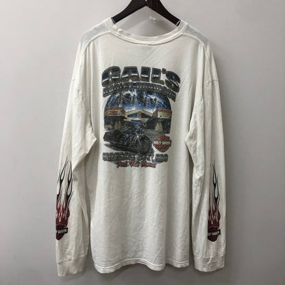 【現状渡し品】【メンズ】 HARLEY DAVIDSON ハーレーダビッドソン 00's FIRE L/S TEE 2000年代 ファイアー ロングスリーブ Tシャツ トップス 長袖 スリーブプリント 145-250914-ts-09-tei サイズ：XL カラー：ホワイト 万代Net店