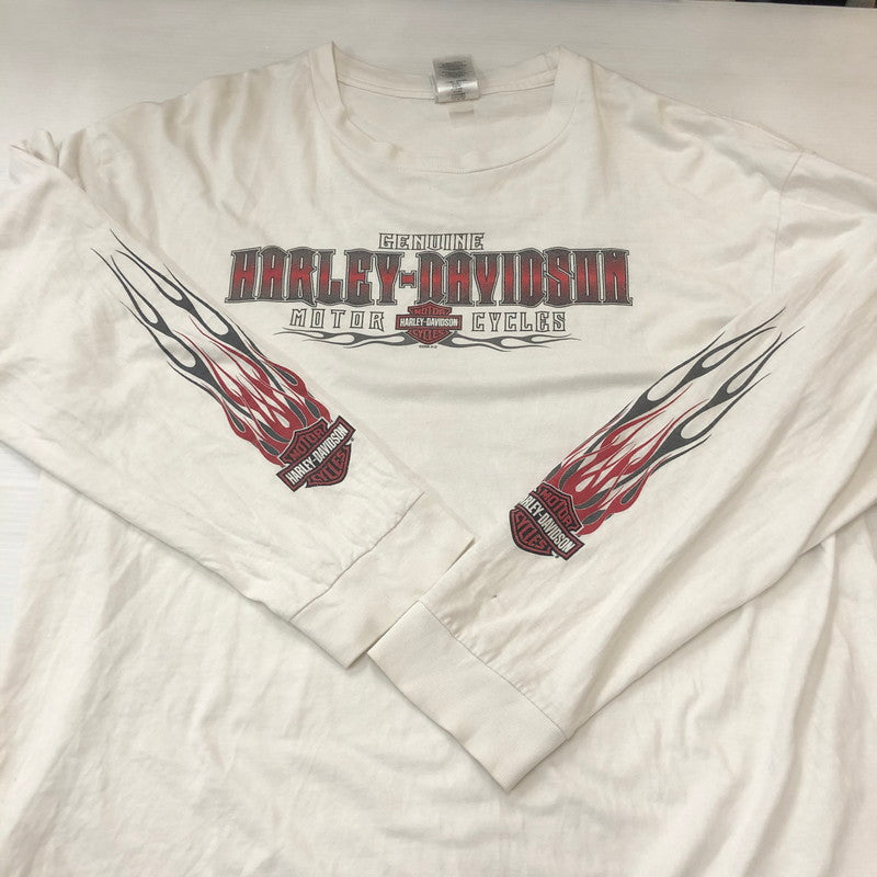 【現状渡し品】【メンズ】 HARLEY DAVIDSON ハーレーダビッドソン 00's FIRE L/S TEE 2000年代 ファイアー ロングスリーブ Tシャツ トップス 長袖 スリーブプリント 145-250914-ts-09-tei サイズ：XL カラー：ホワイト 万代Net店