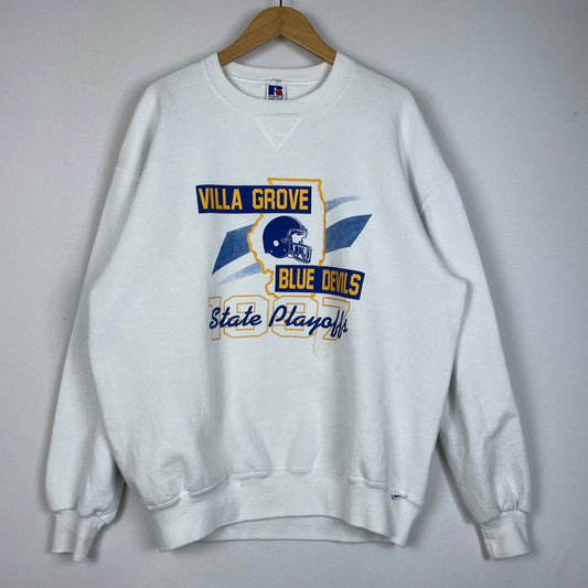 【中古品】【メンズ】 RUSSELL ATHLETIC ラッセル アスレチック 90's VILLA GROVE BLUE DEVILS SWEAT 90年代 ヴィラ グローブ ブルー ブルーデビルス スウェット 長袖 トップス トレーナー 145-251229-yo-03-tei サイズ：XL カラー：ホワイト 万代Net店