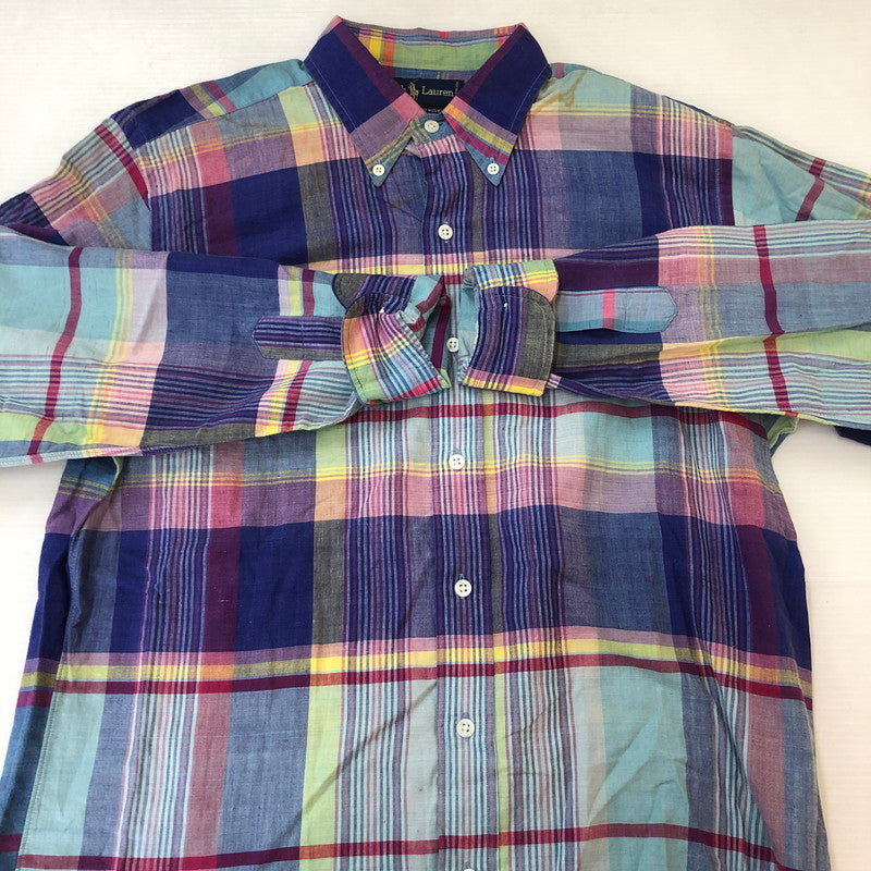 【現状渡し品】【メンズ】 RALPH LAUREN ラルフローレン 90's MADRAS CHECK BD L/S SHIRT 90年代 マドラス チェック ボタンダウン ロングスリーブ シャツ 長袖 トップス 145-250930-yo-12-tei サイズ：M カラー：パープル系 万代Net店