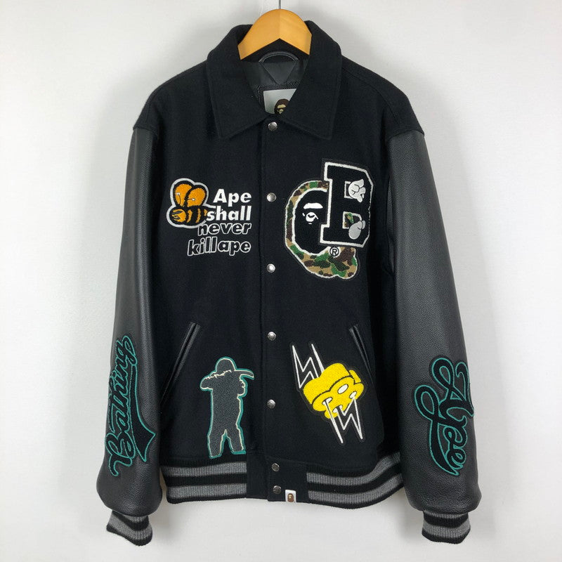 【中古品】【メンズ】 A BATHING APE アベイシングエイプ LEATHER VARSITY JACKET 001HJK301002M レザー バーシティ ジャケット ライトアウター 142-251013-ks-10-tei サイズ：XL カラー：ブラック 万代Net店