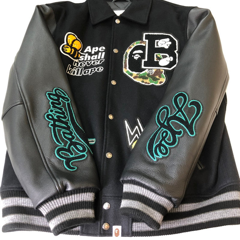【中古品】【メンズ】 A BATHING APE アベイシングエイプ LEATHER VARSITY JACKET 001HJK301002M レザー バーシティ ジャケット ライトアウター 142-251013-ks-10-tei サイズ：XL カラー：ブラック 万代Net店