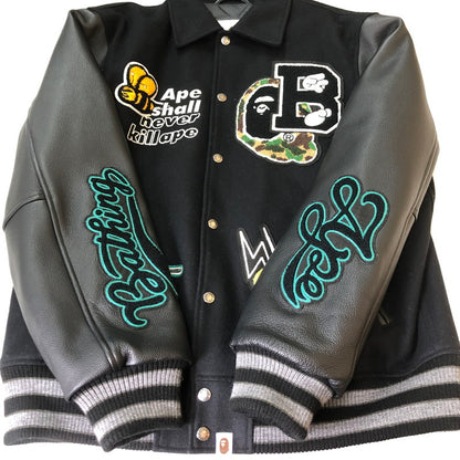【中古品】【メンズ】 A BATHING APE アベイシングエイプ LEATHER VARSITY JACKET 001HJK301002M レザー バーシティ ジャケット ライトアウター 142-251013-ks-10-tei サイズ：XL カラー：ブラック 万代Net店