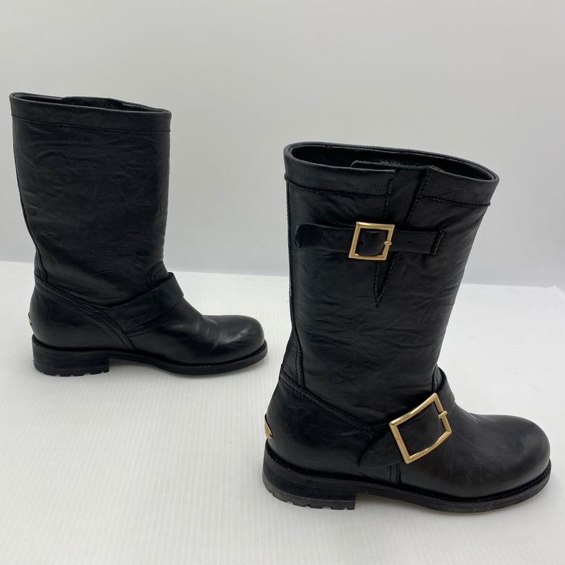 【中古品】【レディース】 JIMMY CHOO ジミーチュウ BIKER LEATHER BOOTS バイカー レザー ブーツ 靴 164-260819-sa-19-teih サイズ：34 カラー：ブラック 万代Net店