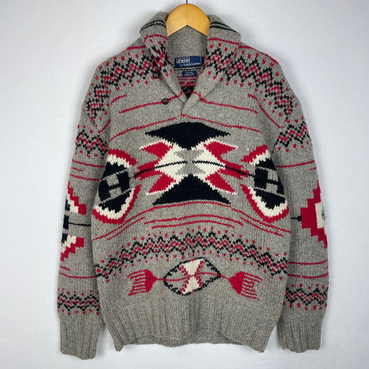 【中古品】【メンズ】 RALPH LAUREN ラルフローレン SHAWL COLLAR KNIT ショールカラーニット トップス ハンドニット セーター ネイティブ柄 147-251217-ts-09-tei サイズ：L カラー：グレー 万代Net店