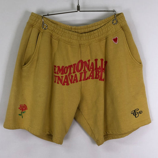 【中古品】【メンズ】 EMOTIONALLY UNAVAILABLE エモーショナリー アンアベイラブル EU WAVY SCRIPT SWEAT SHORT EU-S22-0000-033 スクリプト スウェット ショーツ ボトムス ハーフパンツ ショートパンツ 152-251124-yo-21-tei サイズ：L カラー：イエロー 万代Net店