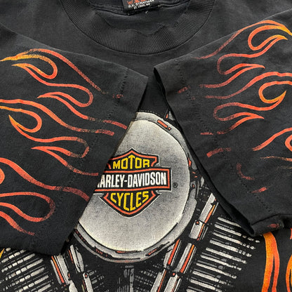 【現状渡し品】【メンズ】 HARLEY DAVIDSON ハーレーダビッドソン 90's V2 ENGINE FLAME PRINT S/S TEE 90年代 V2 エンジン フレイムプリント ショートスリーブ Ｔシャツ 半袖 トップス 145-251204-yy-13-tei サイズ：XL カラー：ブラック 万代Net店