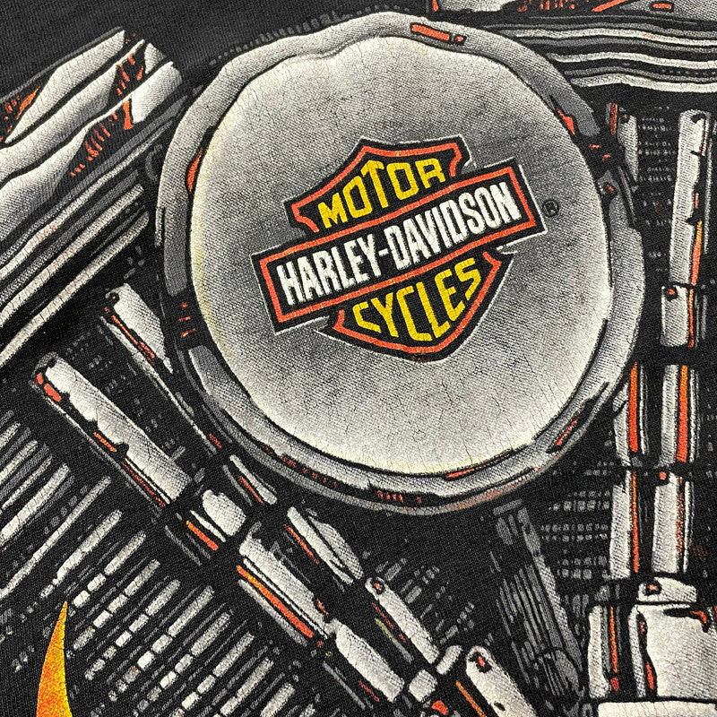 【現状渡し品】【メンズ】 HARLEY DAVIDSON ハーレーダビッドソン 90's V2 ENGINE FLAME PRINT S/S TEE 90年代 V2 エンジン フレイムプリント ショートスリーブ Ｔシャツ 半袖 トップス 145-251204-yy-13-tei サイズ：XL カラー：ブラック 万代Net店