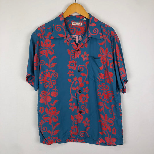 【中古品】【メンズ】 RAYON HAWAIIAN SHIRT HAWAIIAN SKULL BORDER SS38806 ナイロン　ハワイアン シャツ ハワイアン スカル ボーダー 半袖 トップス 145-251205-ks-13-fuzh サイズ：M カラー：ブルー 万代Net店