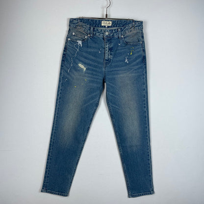【中古品】【メンズ】 The DUFFER of ST.GEORGE ザダファーオブセントジョージ SLIM FIT DENIM ダファー レザー プロセスト エンブロイダリー スリム フィット デニム ボトムス 158-620618-sa-09-tei サイズ：M カラー：インディゴ 万代Net店