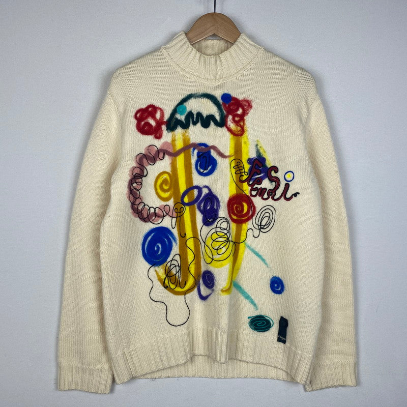 【中古品】【メンズ】 FENDI フェンディ WOOL KNIT SWEATER FZY46 ウール ニット セーター 長袖 トップス アート刺繍 141-260529-sm-02-otoh カラー：アイボリー系 万代Net店