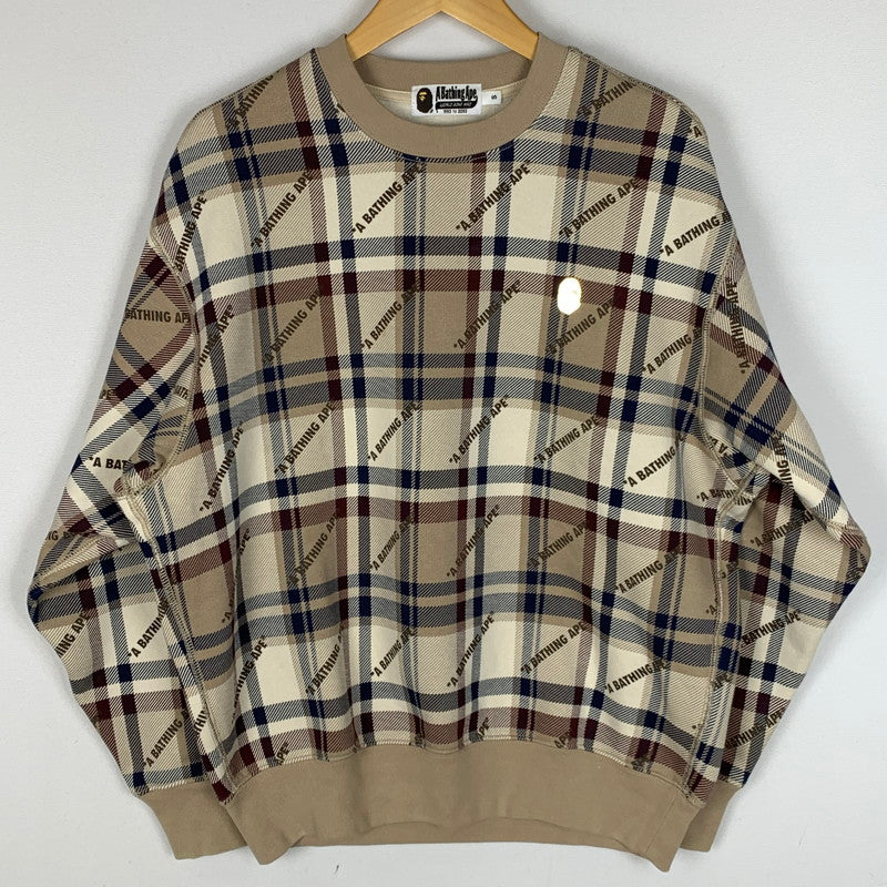 【中古品】【メンズ】 A BATHING APE アベイシングエイプ CREWNECK CHECK SWEAT 001SWJ801061I クルーネック チェック スウェット 長袖 トップス トレーナー 142-251216-yy-01-tei サイズ：S カラー：ブラウン 万代Net店