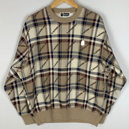【中古品】【メンズ】 A BATHING APE アベイシングエイプ CREWNECK CHECK SWEAT 001SWJ801061I クルーネック チェック スウェット 長袖 トップス トレーナー 142-251216-yy-01-tei サイズ：S カラー：ブラウン 万代Net店
