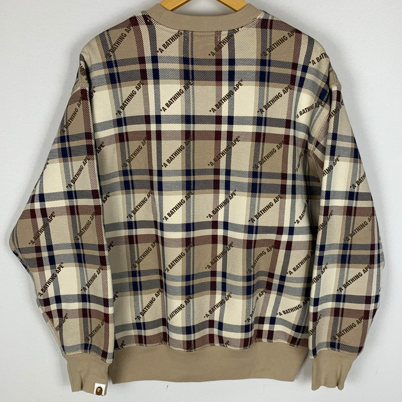 【中古品】【メンズ】 A BATHING APE アベイシングエイプ CREWNECK CHECK SWEAT 001SWJ801061I クルーネック チェック スウェット 長袖 トップス トレーナー 142-251216-yy-01-tei サイズ：S カラー：ブラウン 万代Net店
