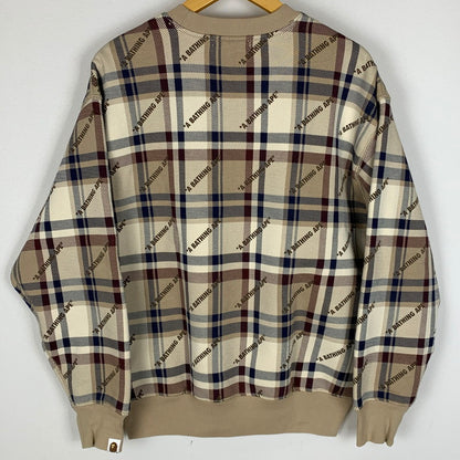 【中古品】【メンズ】 A BATHING APE アベイシングエイプ CREWNECK CHECK SWEAT 001SWJ801061I クルーネック チェック スウェット 長袖 トップス トレーナー 142-251216-yy-01-tei サイズ：S カラー：ブラウン 万代Net店