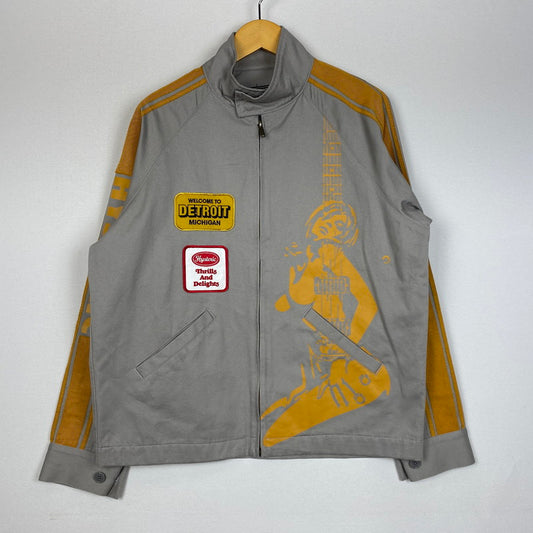 【中古品】【メンズ】 HYSTERIC GLAMOUR ヒステリックグラマー DETROIT ROCK RACING JKT 02243AB11 デトロイト ロック レーシング ジャケット ライトアウター 140-260108-ks-03-fuz サイズ：S カラー：グレー 万代Net店