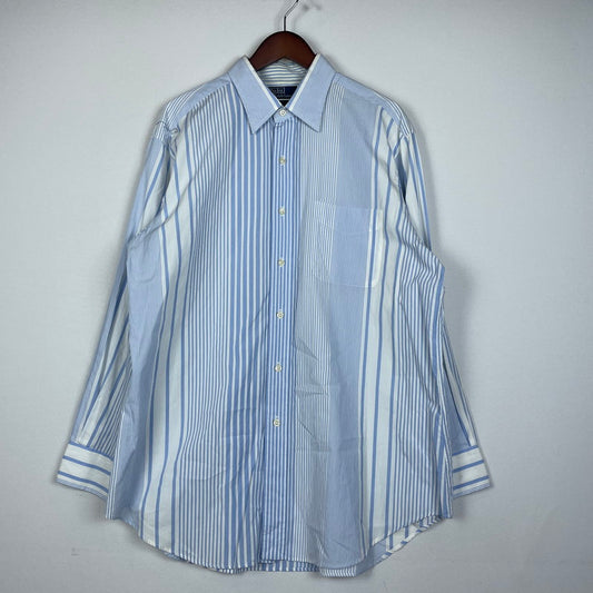 【現状渡し品】【メンズ】 POLO RALPH LAUREN ポロ・ラルフローレン 90's BUTTON-DOWN STRIPE L/S SHIRT 90年代 ボタンダウン ストライプ ロングスリーブ シャツ 長袖 トップス 147-260114-yy-14-tei サイズ：17 カラー：ホワイト×ブルー 万代Net店