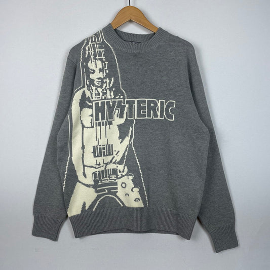 【中古美品】【メンズ】 HYSTERIC GLAMOUR ヒステリックグラマー GUITAR GIRL SWEATER 02251NS01290 ギターガール セーター 長袖 トップス ニット 140-260124-yy-03-fuz サイズ：S カラー：グレー 万代Net店