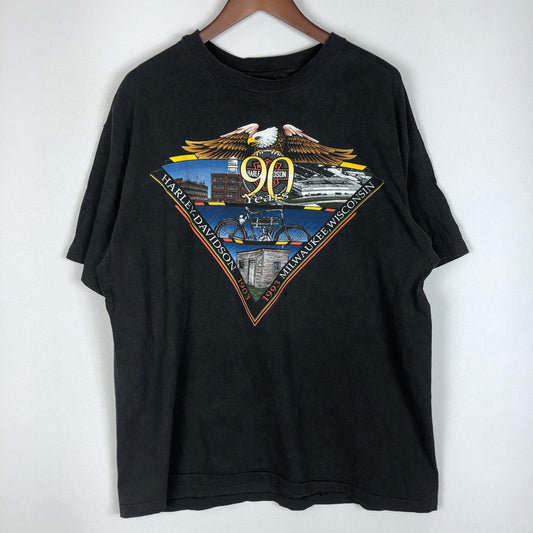 【中古品】【メンズ】 HARLEY DAVIDSON ハーレーダビッドソン 90's 90YEARS S/S TEE 90年代 ナインティイヤーズ ショートスリーブ Tシャツ トップス 半袖 145-260203-ko-20-tei サイズ：L カラー：ブラック 万代Net店