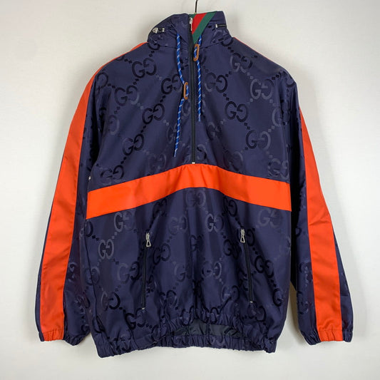 【中古品】【メンズ】 GUCCI グッチ 22AW GG NYLON HOODED JACKET 685818 Z8AY4 GGナイロン フーデッドジャケット ライトアウター 141-260210-ko-02-tei サイズ：46 カラー：ネイビー 万代Net店