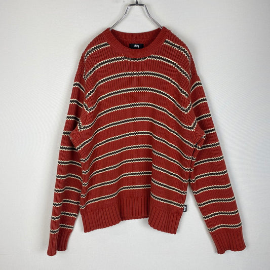 【中古品】【メンズ】 CHUNKY COTTON STRIPE SWEATER 117272 チャンキーコットン ストライプ セーター トップス ニット プルオーバー 142-260221-ko-14-fuzh サイズ：M カラー：レッド 万代Net店