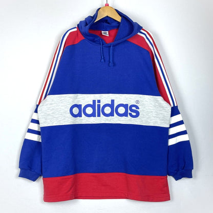 【中古品】【メンズ】 adidas アディダス 90's PULLOVER PARKA ASR-3665 90年代 プルオーバー パーカー 長袖 トップス DESCENTE製 148-260223-yo-04-tei サイズ：0-X0 カラー：ブルー/レッド 万代Net店