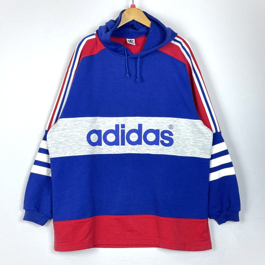 【中古品】【メンズ】 adidas アディダス 90's PULLOVER PARKA ASR-3665 90年代 プルオーバー パーカー 長袖 トップス DESCENTE製 148-260223-yo-04-tei サイズ：0-X0 カラー：ブルー/レッド 万代Net店