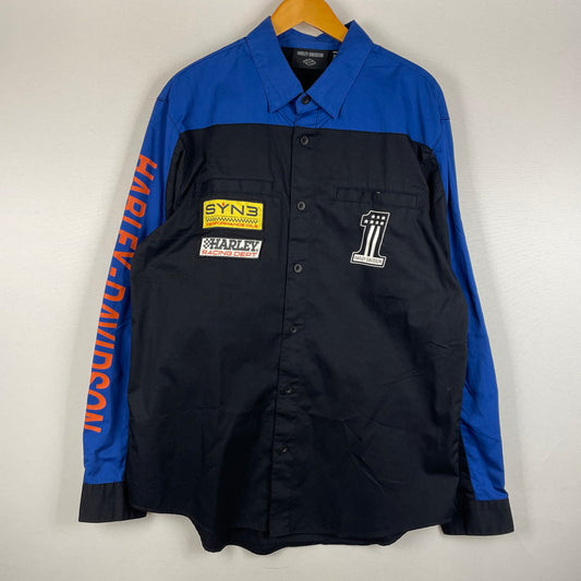 【中古品】【メンズ】 HARLEY DAVIDSON ハーレーダビッドソン VICTORY COLORBLOCK BUTTON UP MECHANIC RACING SHIRT 96072-24VM ビクトリー カラー ブロック ボタンアップ メカニック レーシング シャツ トップス 145-260301-ko-13-tei サイズ：L カラー：ブルー/ブラック 万代Net店