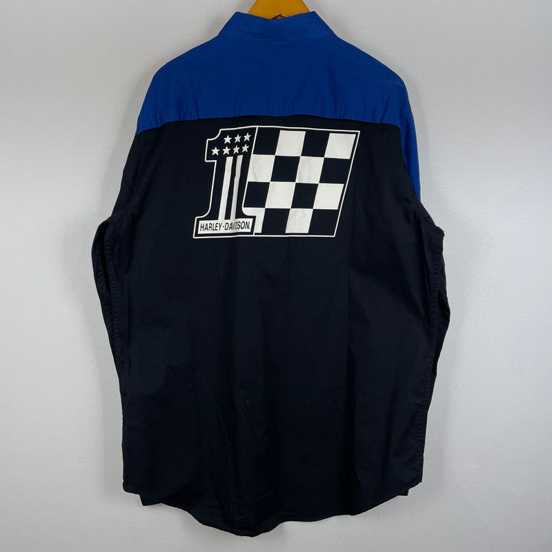 【中古品】【メンズ】 HARLEY DAVIDSON ハーレーダビッドソン VICTORY COLORBLOCK BUTTON UP MECHANIC RACING SHIRT 96072-24VM ビクトリー カラー ブロック ボタンアップ メカニック レーシング シャツ トップス 145-260301-ko-13-tei サイズ：L カラー：ブルー/ブラック 万代Net店