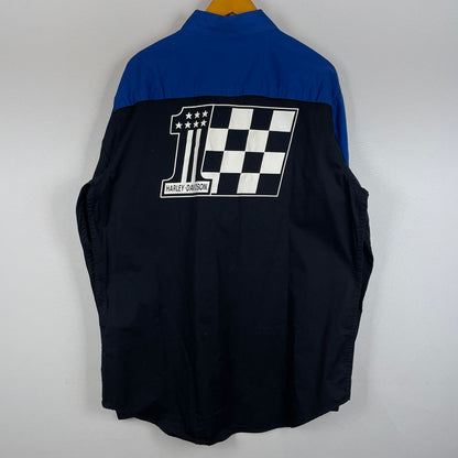 【中古品】【メンズ】 HARLEY DAVIDSON ハーレーダビッドソン VICTORY COLORBLOCK BUTTON UP MECHANIC RACING SHIRT 96072-24VM ビクトリー カラー ブロック ボタンアップ メカニック レーシング シャツ トップス 145-260301-ko-13-tei サイズ：L カラー：ブルー/ブラック 万代Net店