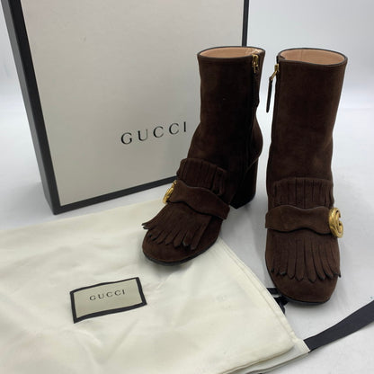 【中古品】【レディース】 GUCCI グッチ GG MARMONT FRINGED SUEDE ANKLE BOOTS 408210 GGマーモント フリンジスエード アンクルブーツ 靴 ショートブーツ 183-260228-ko-08-tei サイズ：35.5 カラー：ブラウン 万代Net店