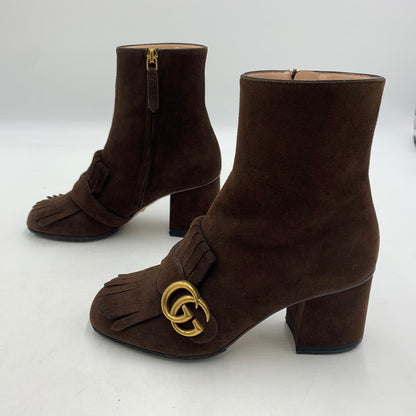 【中古品】【レディース】 GUCCI グッチ GG MARMONT FRINGED SUEDE ANKLE BOOTS 408210 GGマーモント フリンジスエード アンクルブーツ 靴 ショートブーツ 183-260228-ko-08-tei サイズ：35.5 カラー：ブラウン 万代Net店
