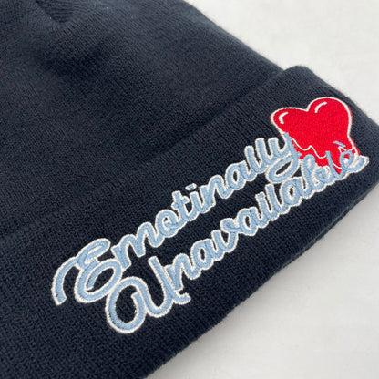 【中古品】【メンズ/レディース】 EMOTIONALLY UNAVAILABLE エモーショナリー アンアベイラブル LOGO BEANIE EU-YS1-0000-054 ロゴ ビーニー ニット帽 185-260228-yo-01-tei サイズ：F カラー：ブラック 万代Net店