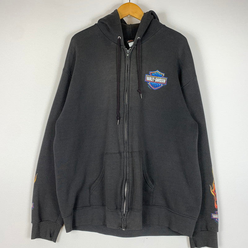 【中古品】【メンズ】 HARLEY DAVIDSON ハーレーダビッドソン 00's FLAME SLEEVE ZIP PARKA 2000年代 フレイム スリーブ ジップパーカー トップス フルジップパーカー 145-260419-ko-05-tei サイズ：XL カラー：ブラック系 万代Net店