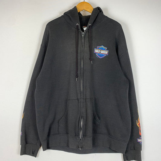 【中古品】【メンズ】 HARLEY DAVIDSON ハーレーダビッドソン 00's FLAME SLEEVE ZIP PARKA 2000年代 フレイム スリーブ ジップパーカー トップス フルジップパーカー 145-260419-ko-05-tei サイズ：XL カラー：ブラック系 万代Net店