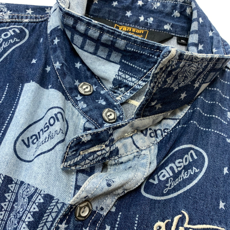 【中古品】【メンズ】 VANSON バンソン EMBROIDERED S/S DENIM SHIRT エンブロイド ショートスリーブ デニム シャツ 半袖 トップス 刺繍 ボタンダウン 145-260626-ko-16-tei サイズ：XL カラー：インディゴ 万代Net店