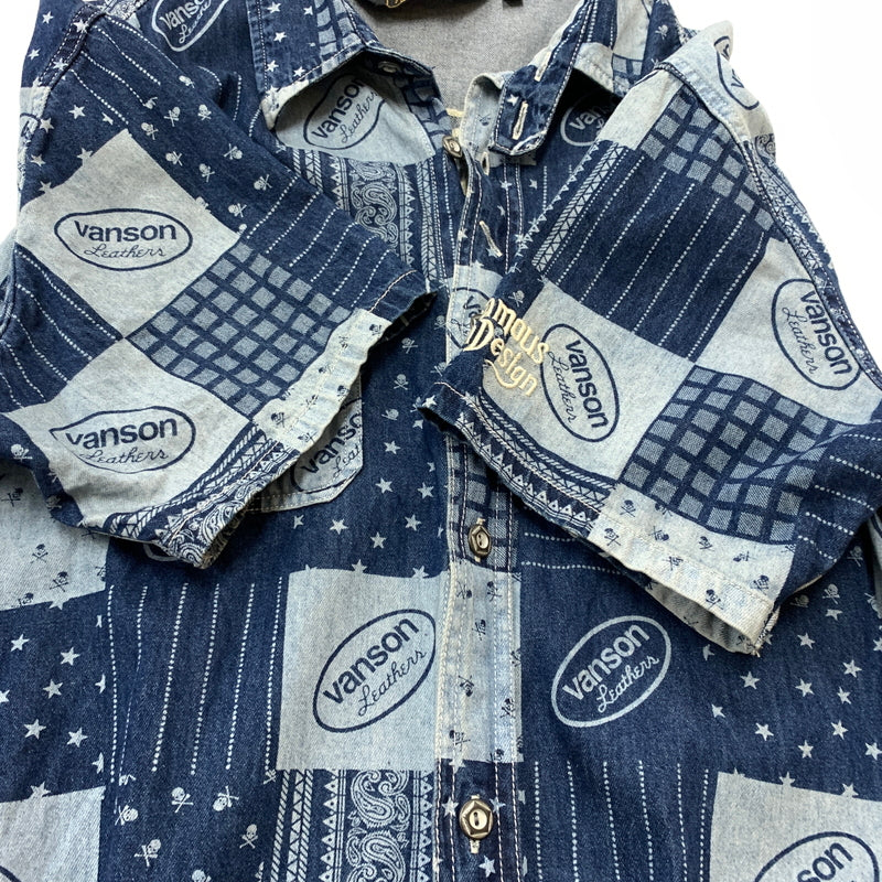 【中古品】【メンズ】 VANSON バンソン EMBROIDERED S/S DENIM SHIRT エンブロイド ショートスリーブ デニム シャツ 半袖 トップス 刺繍 ボタンダウン 145-260626-ko-16-tei サイズ：XL カラー：インディゴ 万代Net店