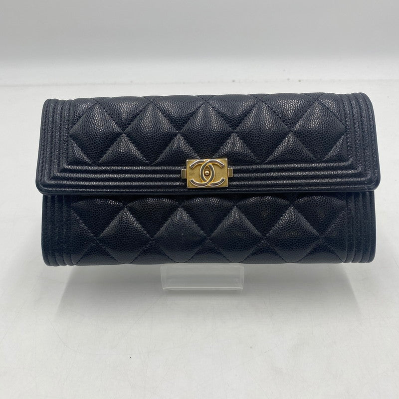 【中古品】【レディース】 CHANEL シャネル A80286 キャビアスキン ボーイフラップ ウォレット 財布 二つ折り財布 長財布 ロングウォレット 181-260511-ks-05-tei サイズ：箱 カード付き カラー：ブラック 万代Net店