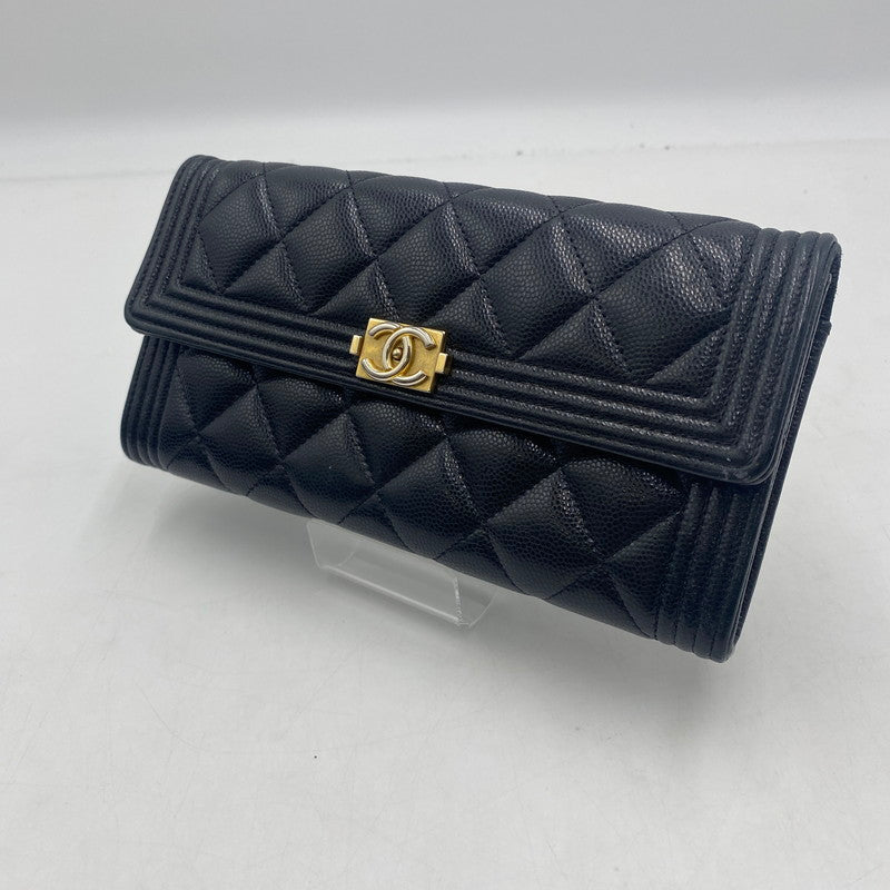【中古品】【レディース】 CHANEL シャネル A80286 キャビアスキン ボーイフラップ ウォレット 財布 二つ折り財布 長財布 ロングウォレット 181-260511-ks-05-tei サイズ：箱 カード付き カラー：ブラック 万代Net店